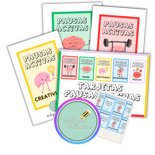 "Tarjetas pausas activas" "5 tipos de tarjetas: movimiento, calma, creatividad, emoción, estiramiento".