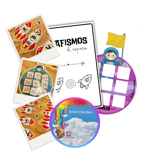 Pack con temática espacial con cohetes con números anterior y posterior, familias de números y grafismos creativos.