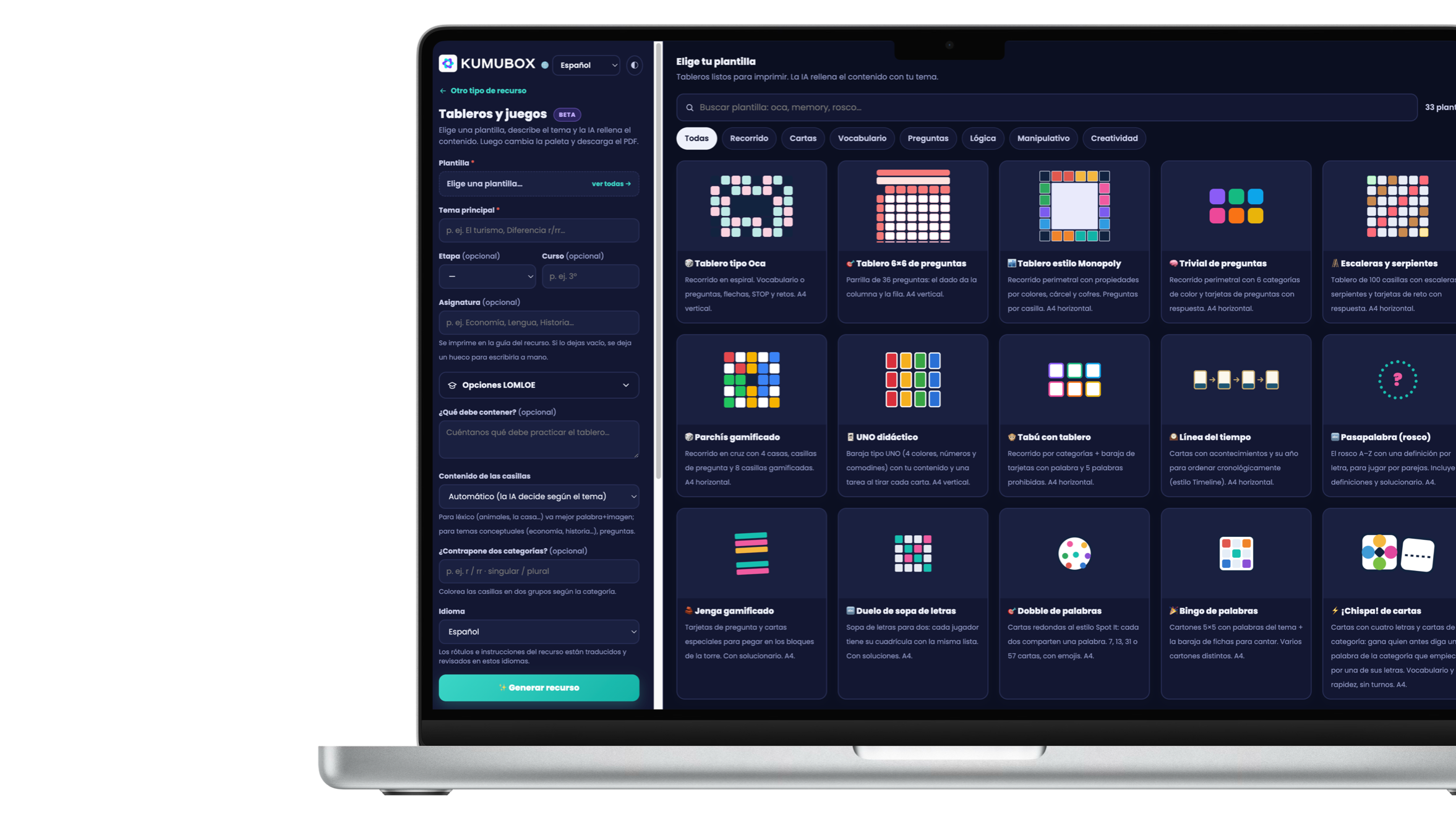 Generador de tableros y juegos personalizados de Kumubox