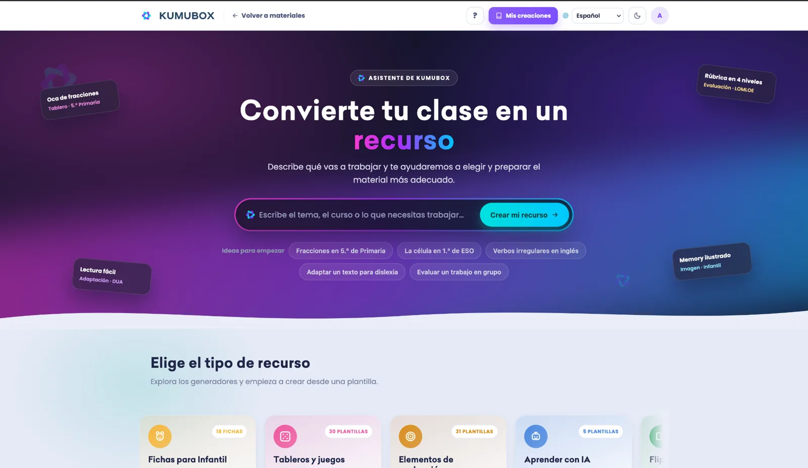 Captura real del Generador de recursos didácticos de Kumubox