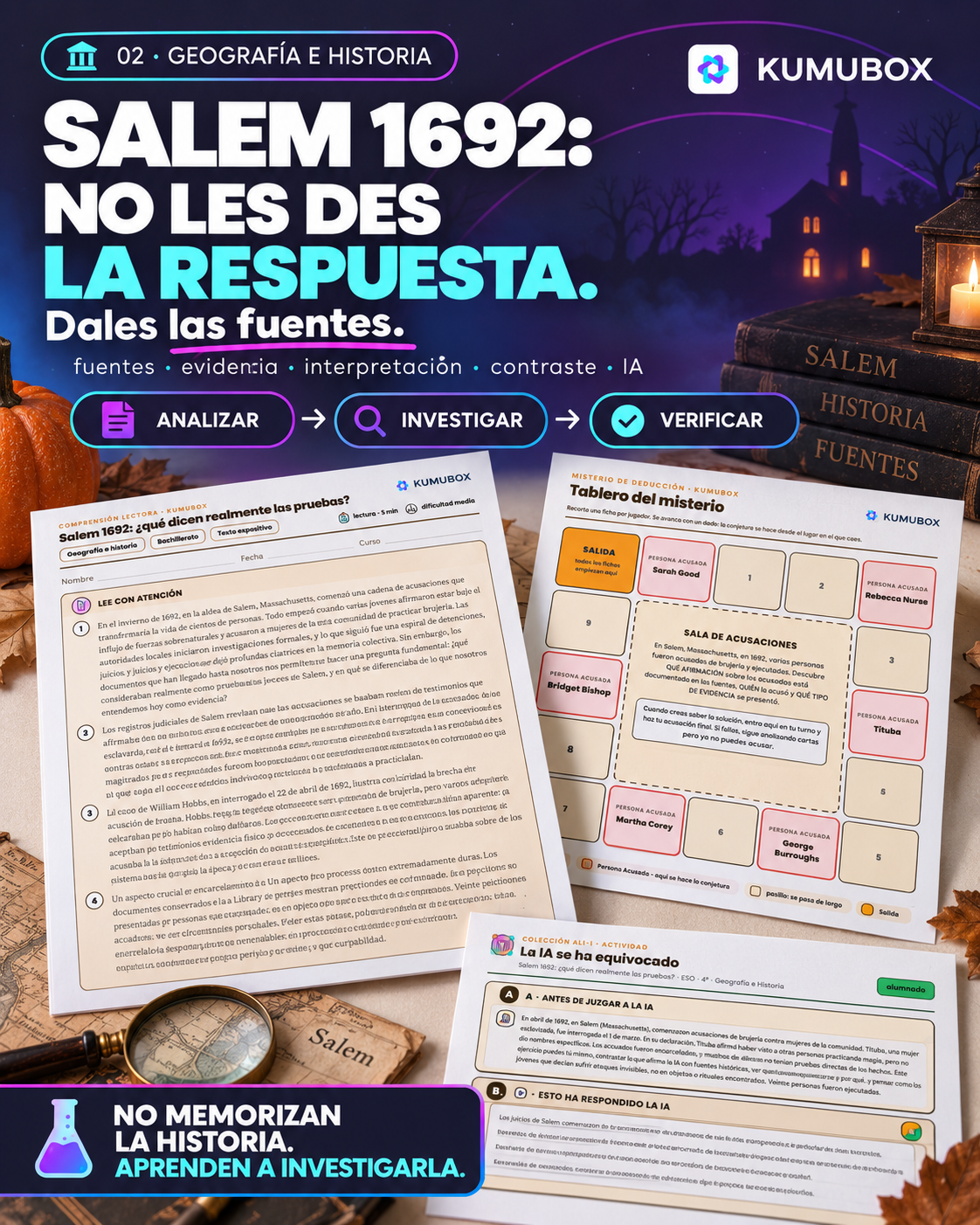 Ejemplo de Geografía e Historia sobre Salem 1692 con comprensión lectora, misterio de deducción y verificación con IA