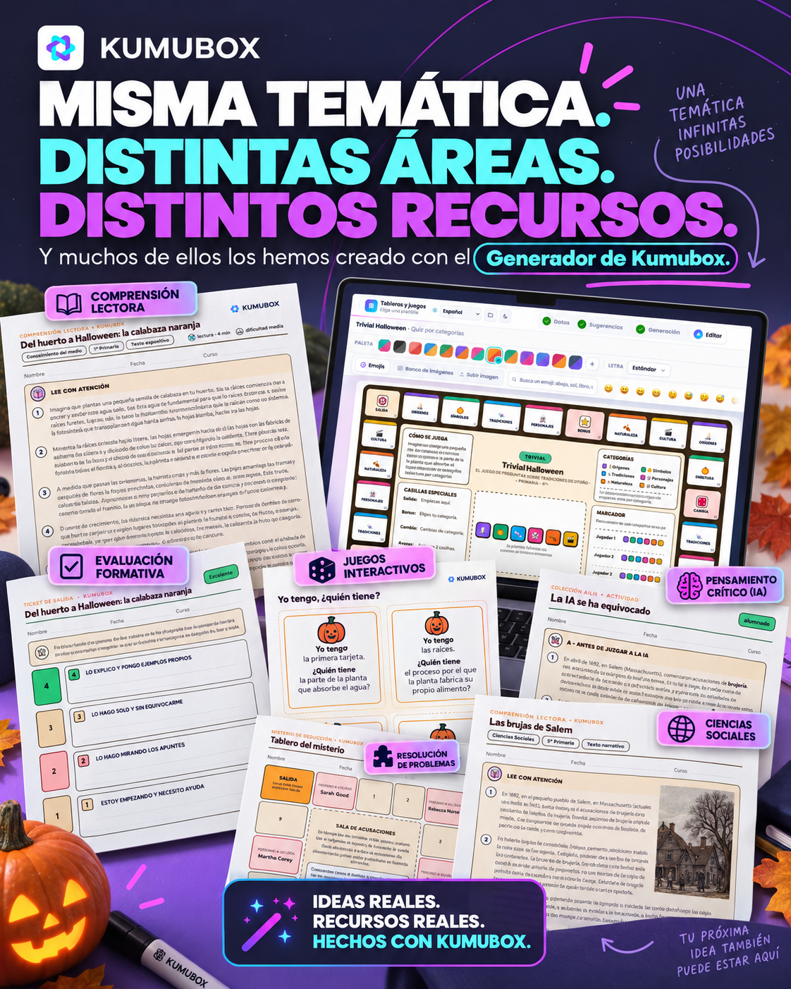 Distintos recursos didácticos de Kumubox aplicados a Ciencias, Historia, Matemáticas e idiomas con Halloween como contexto
