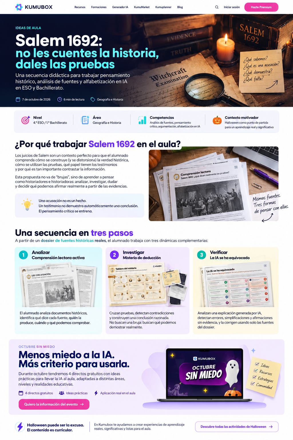 Secuencia didáctica sobre Salem 1692 para analizar, investigar y verificar fuentes históricas y respuestas de IA.