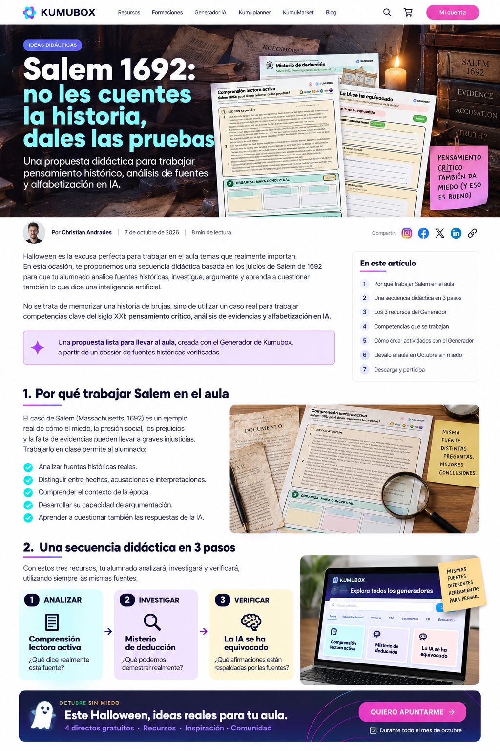 Propuesta didáctica sobre Salem 1692 para trabajar pensamiento histórico, análisis de fuentes y alfabetización en IA.