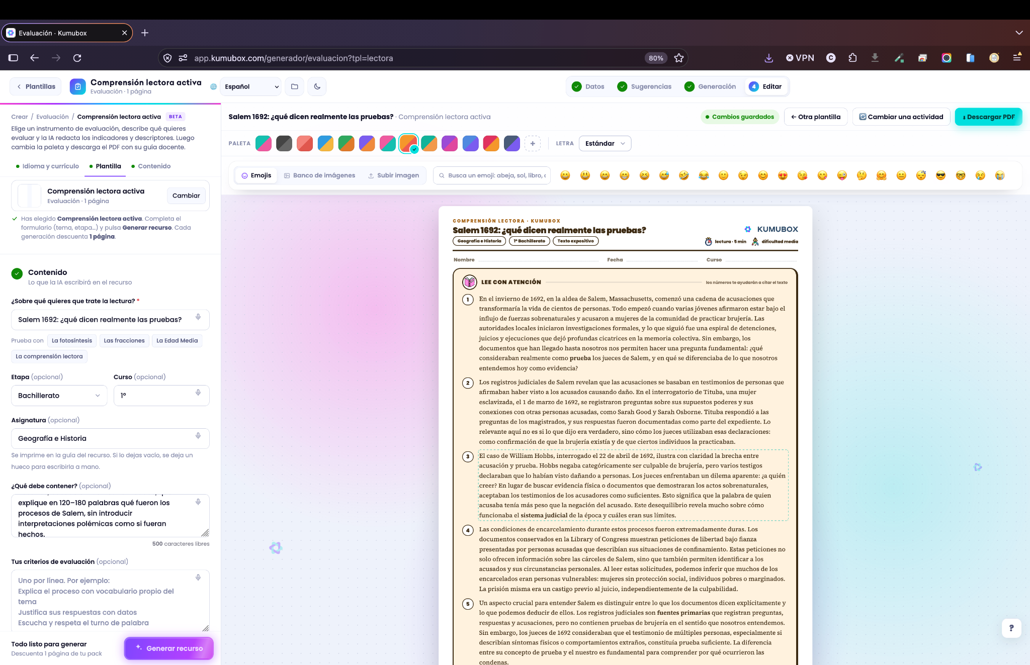 Captura real del Generador de Kumubox con la plantilla Comprensión lectora activa sobre Salem 1692.